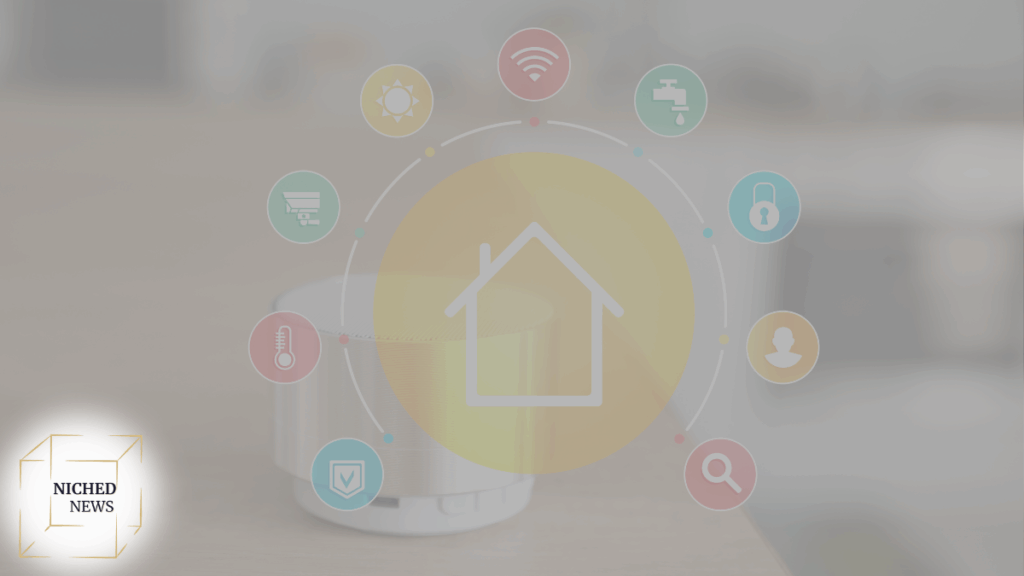 Smart home hub device surrounded by automation icons for temperature, security, and voice control